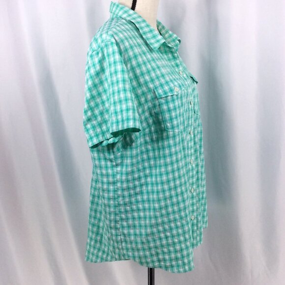 Eddie Bauer Top Womens Size 2XL Short Sleeve Button Down Green Plaid Travel - Picture 2 of 7